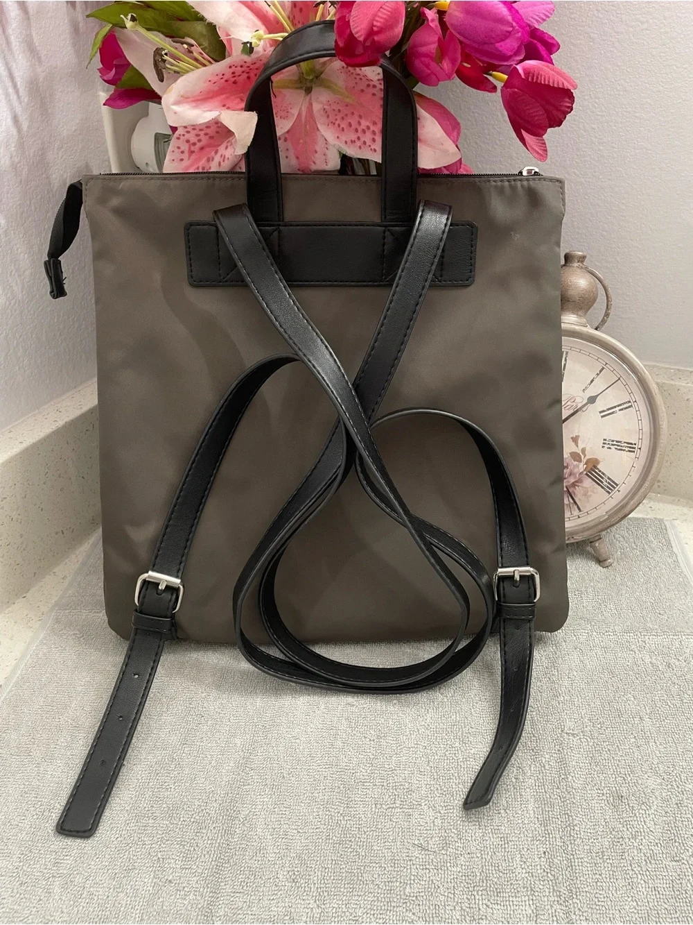 Tahari Taupe Nylon Backpack Tote with Black Leather Trim